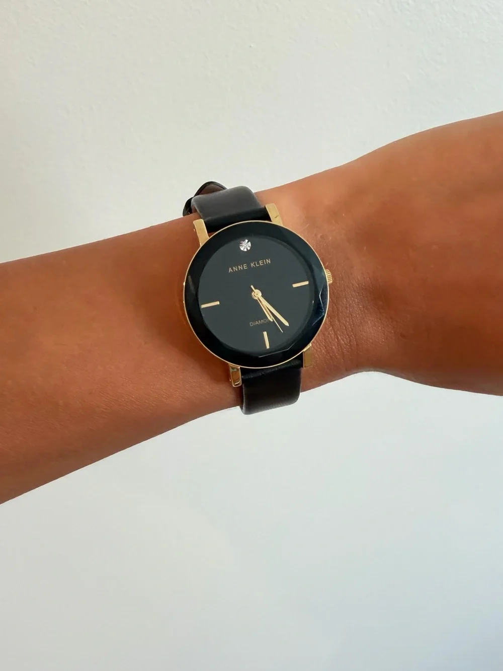 Anne Klein Black Dial Gold-Tone Case Leather Strap Watch